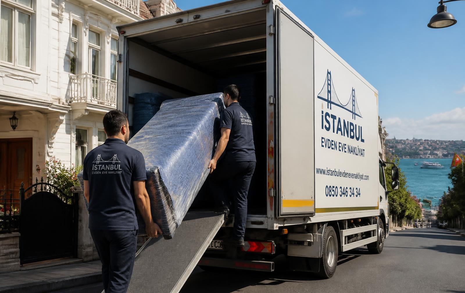 Güven Nakliyat ekibi İstanbul'da bir evden eve taşıma işinde eşyaları kamyona yüklerken